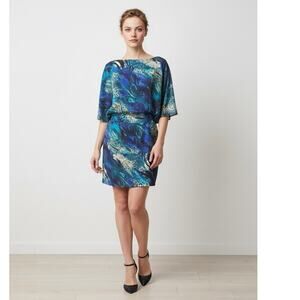 Bisou Bisou Cut Out Peacock Jewel Tone Off Shoulder SILK Mini Dress SZ 4 EUC